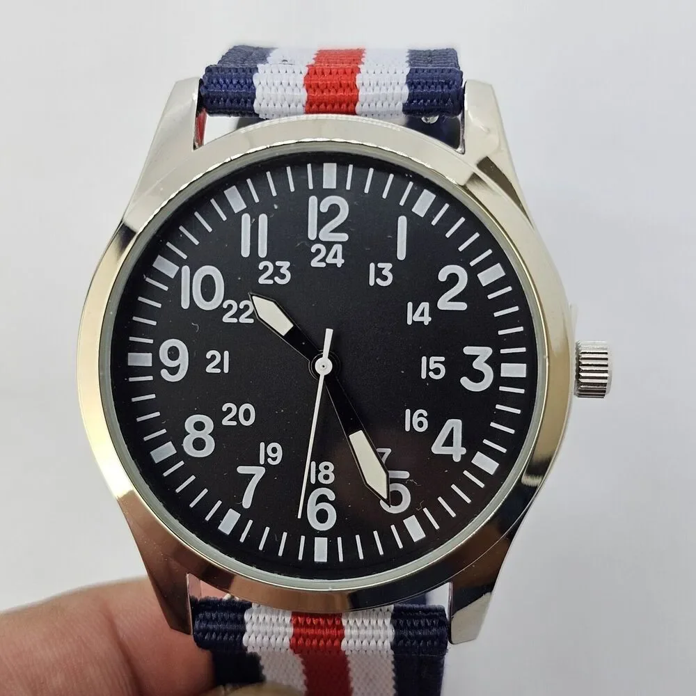 Men's Field Military Watch 42MM‎ Black Dial Blue White Red Canvas Band Straps